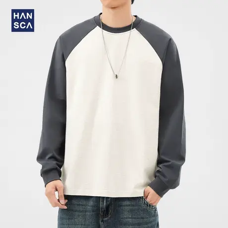 hansca 305g高密精梳棉 重磅插肩袖长袖t恤男士2024秋季撞色上衣商品大图