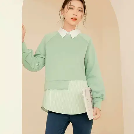 桔熊秋冬休闲不对称拼接条纹宽松拉架卫衣圆领上衣女大码AB17655图片