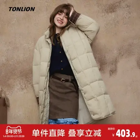 唐狮2026冬季长款羽绒服女立领拼接格纹设计过膝保暖羽绒外套鸭绒商品大图