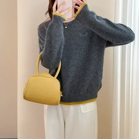 季毛衣女复古风刺绣不规则设计假两件圆领套头高级感TU图片