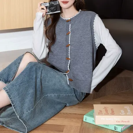 唐狮秋冬撞色边设计复古扣子设计圆领开衫马甲女春秋外穿高级TM图片