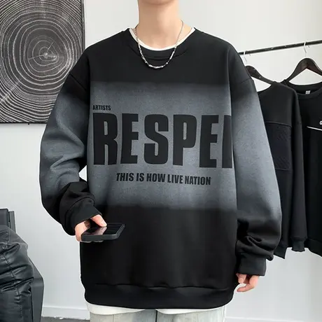 圆领长袖t恤男士春秋款美式字母印花卫衣男青少年宽松港风打底衫T商品大图