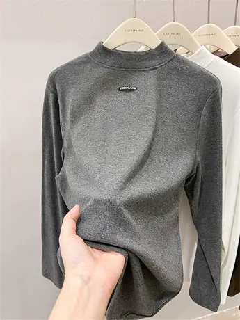 半高领长袖t恤女秋冬2023新款气质宽松上衣羊绒打底衫女加绒内搭商品大图