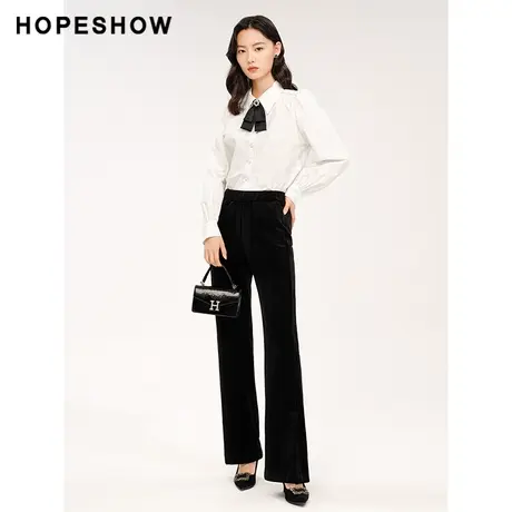 红袖outlets设计感灯芯绒休闲裤hopeshow2023冬款开叉微喇长裤女商品大图