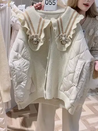 奶系设计感娃娃海军领棉服韩版宽松慵懒风重工针织拼接夹棉外套洋图片