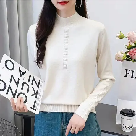 半高领纯色纽扣设计感简约套头针织打底衫女毛衣2023秋冬内搭上衣商品大图