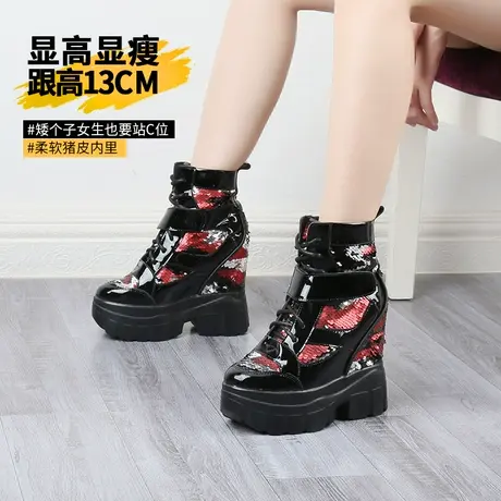 小个子内增高女鞋12cm高级感拼色真皮厚底高帮休闲鞋高跟春秋单靴图片