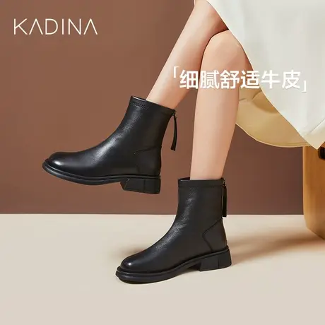 卡迪娜新款通勤时装靴摩登时尚粗跟牛皮革女靴KA220801商品大图