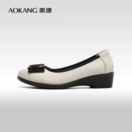 奥康女鞋 春秋款休闲单鞋浅口真皮金属扣低跟舒适妈妈鞋通勤鞋商品大图