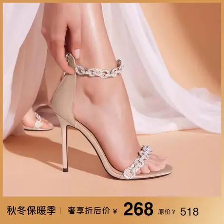 熙漫2023夏季新款水钻黑色一字凉鞋小众高级感法式气质细高跟鞋女图片