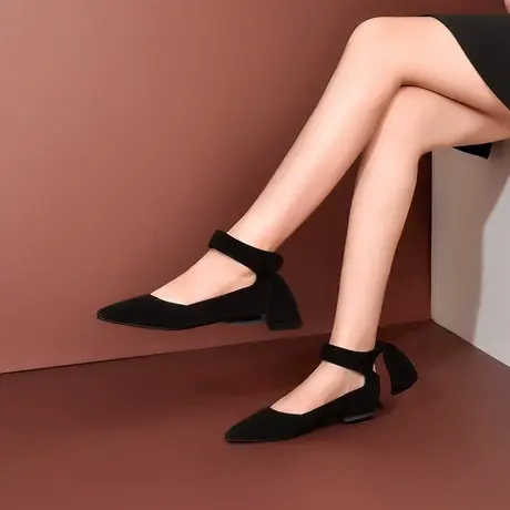 浓情漫宇新款蝴蝶结真皮平底尖头粗跟低跟百搭女士名媛风单鞋商品大图