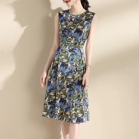 水墨青华春装新品百搭花色背心裙修身显瘦缎面印花无袖连衣裙商品大图