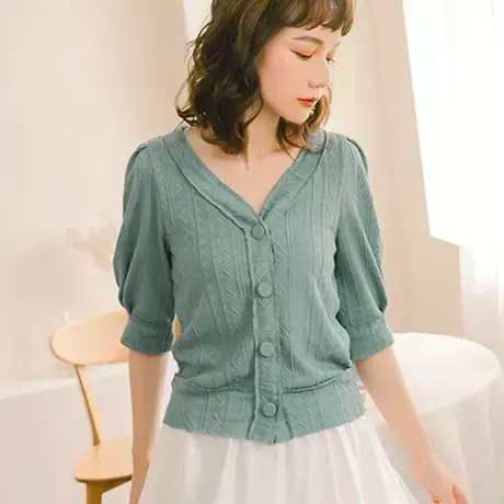 桔熊秋季弹力柔软绞花针织罩衫外套泡泡袖短款上衣女大码AB16071商品大图