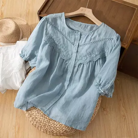 享永子短袖刺绣棉麻上衣女圆领衬衫棉麻T恤文艺复古2023夏季新款商品大图