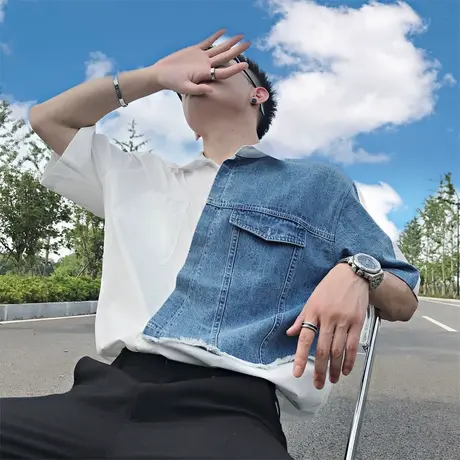 夏季男拼接短袖衬衫潮流时尚痞帅个性发型师原宿潮牌ins网红衬衣商品大图