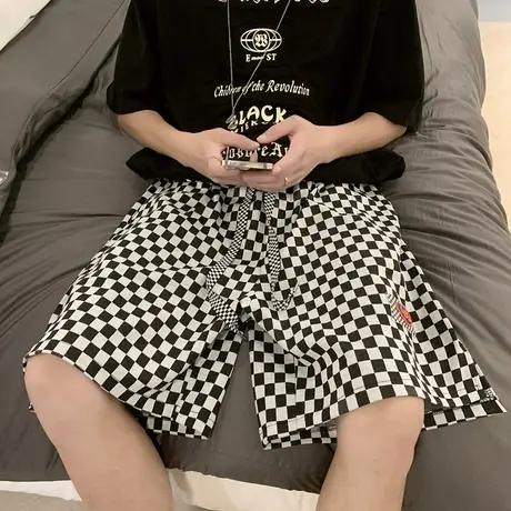 棋盘格短裤男夏季薄款美式高街ins潮牌五分裤黑白大码宽松休闲裤图片