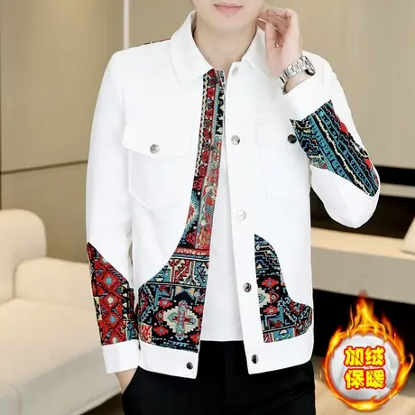 时尚个性潮牌夹克男士高级感民族风网红加绒加厚外套秋冬季拼接款图片