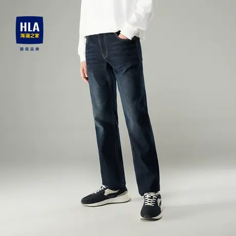 HLA/海澜之家五袋款牛仔裤男秋冬季猫须工艺直筒弹力中腰长裤男商品大图
