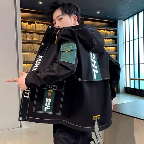 青少年外套男春秋2023新款韩版初中学生工装夹克男士连帽大童男装商品大图