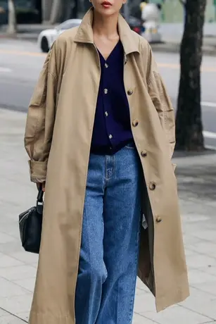 纯诗曼春秋女士风衣中长款韩版宽松收腰系带气质时尚休闲过膝外套商品大图