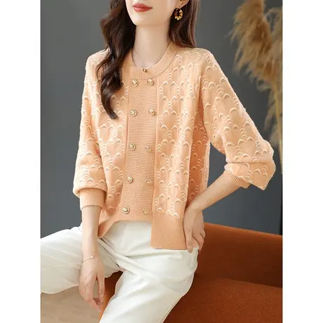 宝诗黎圆领双排扣针织开衫女2024春季新款慵懒提花毛衣短外套上衣商品大图