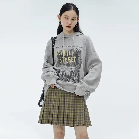 omont蛋挞家 灰色印花连帽卫衣女2023春秋新款oversize卫衣上衣图片