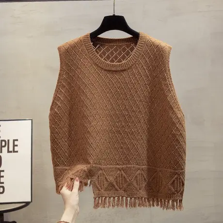 流苏圆领针织马甲背心女2025春秋新款宽松外穿马夹镂空毛衣坎肩潮商品大图