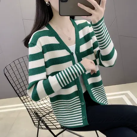 春装女2024年新款V领针织开衫女长袖外套宽松上衣爆款百搭毛衣女图片