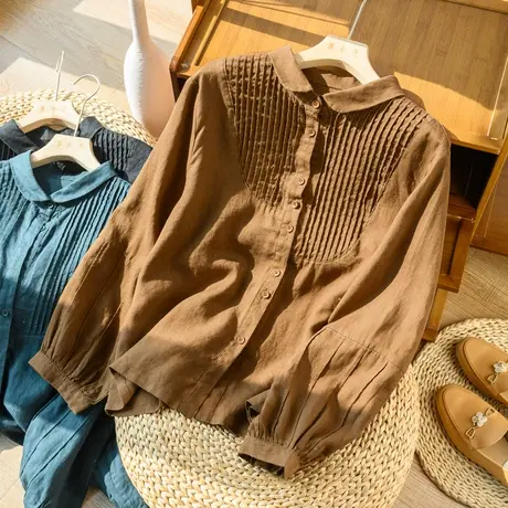 盐系亚麻衬衫女文艺复古港味百搭棉麻上衣琴褶衬衣女2024春夏新款商品大图