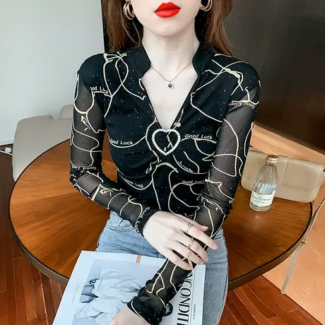 性感V领T恤女装2024新款时尚网纱气质上衣紧身内搭打底衫女长袖秋图片