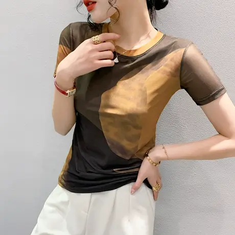拼色网纱短袖T恤女2024夏季新款洋气百搭小衫修身圆领上衣半袖ins图片