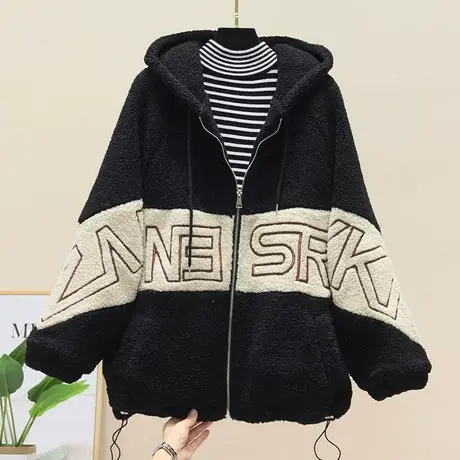 仿羊羔毛外套秋冬2023新款复古小众设计感撞色拼接宽松上衣女冬季商品大图