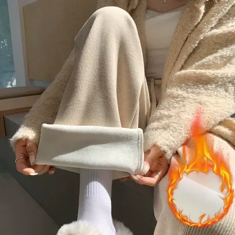 加绒窄版阔腿裤女2023冬季新款高腰垂感显瘦直筒加厚雪尼尔休闲裤图片