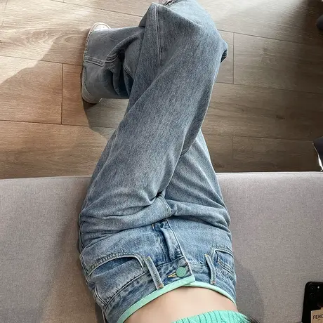 浅色阔腿牛仔裤女2024春秋新款高腰窄版宽松显瘦设计感撞色直筒裤图片