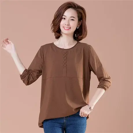 加大码女装宽松纯棉长袖t恤女中长款遮肚子显瘦妈妈装打底衫上衣商品大图