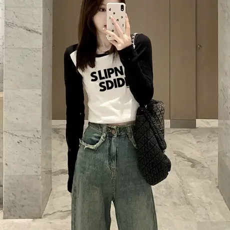 正肩长袖t恤女春秋内搭打底衫设计感小众显瘦高腰短款小个子上衣商品大图