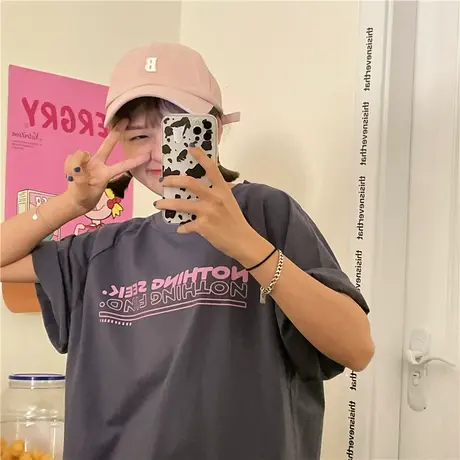 港风ins2023新款韩版夏装字母宽松ulzzang纯棉短袖T恤女上衣百搭图片