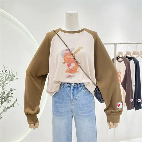 复古小熊卡通图案宽松插肩袖长袖t恤女宽松休闲圆领打底衫上衣商品大图