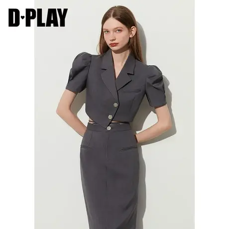 DPLAY黑标秋通勤OL花灰色泡泡袖设计感不规则露腰西装套装商品大图