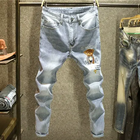 蓝灰色高端刺绣牛仔裤男欧洲站青年休闲小脚裤潮牌烫钻修身长裤夏商品大图