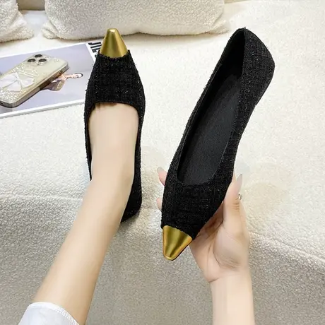 平底小香风金色尖头单鞋女鞋子春秋2023新款春季法式气质名媛瓢鞋图片