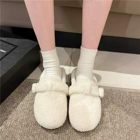 网红包头毛毛半拖鞋女秋冬2024新款平底外穿毛毛鞋加绒懒人棉拖鞋商品大图