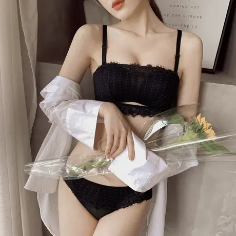 送内裤！无肩带内衣女小胸聚拢调整蕾丝无钢圈上托美背抹胸式文胸商品大图