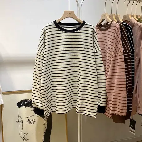 条纹中长款打底衫女秋冬宽松内搭德绒长袖T恤加绒加厚开叉上衣潮图片