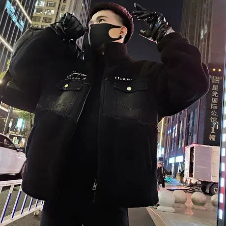 颗粒绒外套男冬款牛仔拼接设计感美式痞帅宽松加厚羊羔毛棉衣外套图片