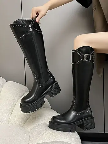 秋冬加绒铆钉皮带扣粗跟厚底高筒靴女斜口侧拉链长靴机车靴骑士靴商品大图
