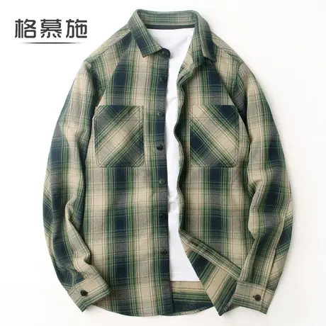 格慕施春秋法兰绒纯棉新款格子衬衫男宽松大码长袖外套厚款男装潮图片