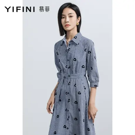 Yifini/易菲文艺小清新衬衫连衣裙绣花格纹中长款裙子女春季新款图片