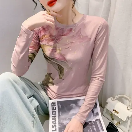 欧货时尚印花网纱打底衫长袖秋冬2024新款洋气内塔上衣女修身T恤商品大图