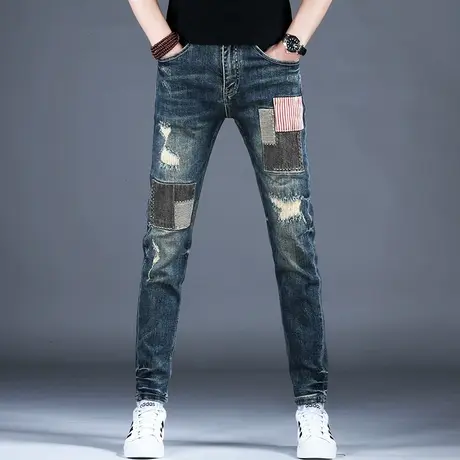 男士四季新款破洞补丁牛仔裤男款小脚修身潮流美式高街裤子男复古商品大图
